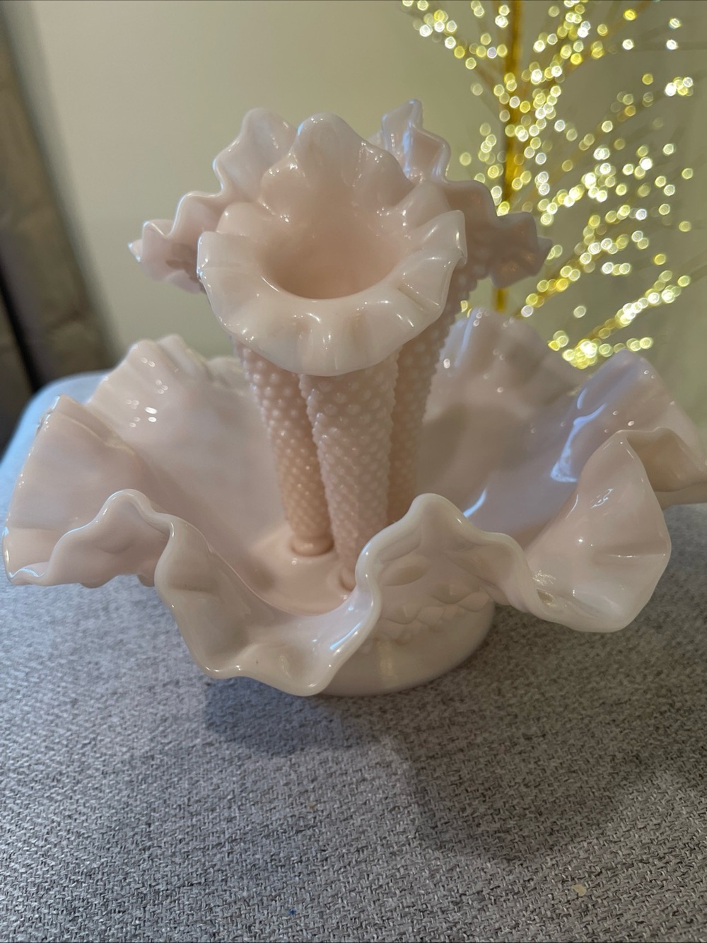 Fenton Hobnail Triple Epergne Vase in Pink Milk Glass - Picture 3 of 10